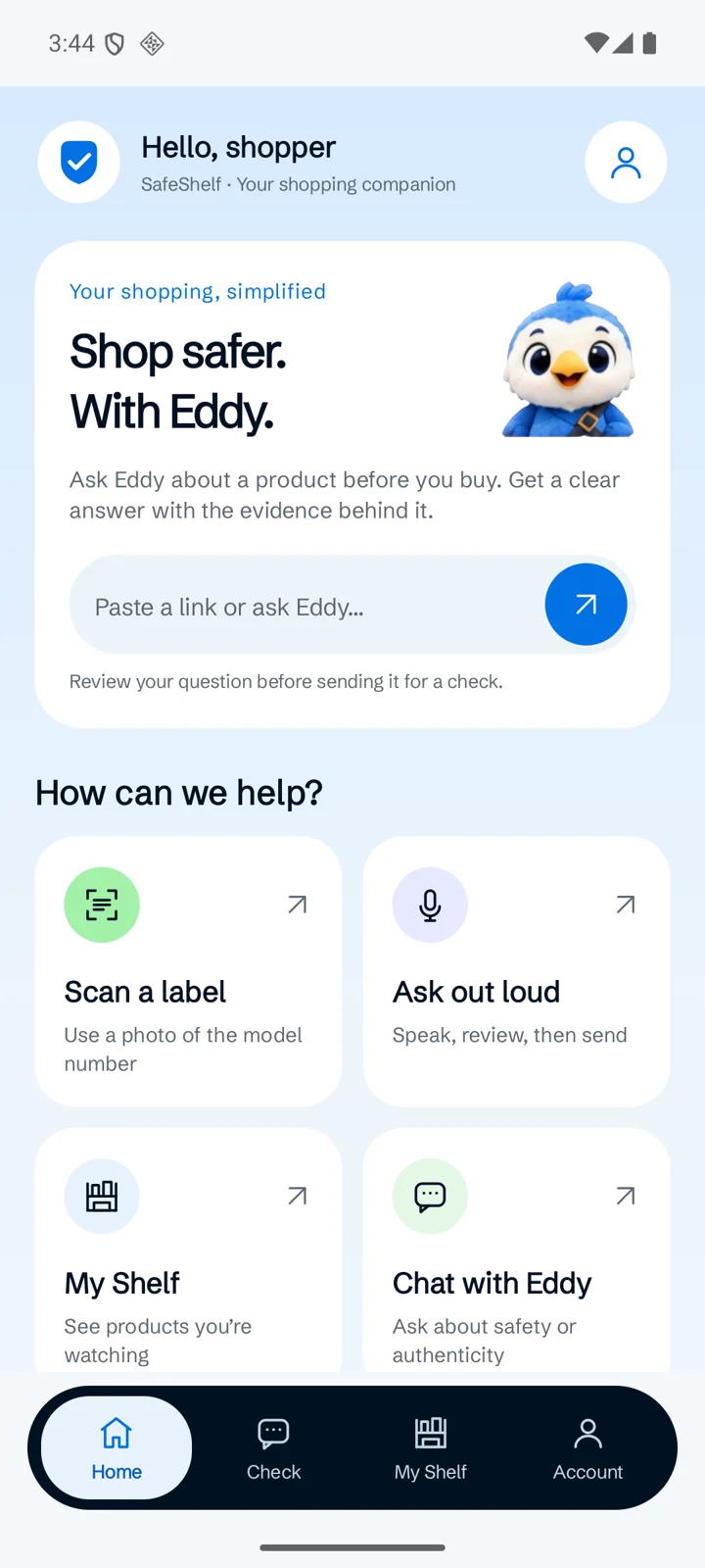 SafeShelf Android Home with Eddy and shortcuts to scan a label, speak a question or check a product